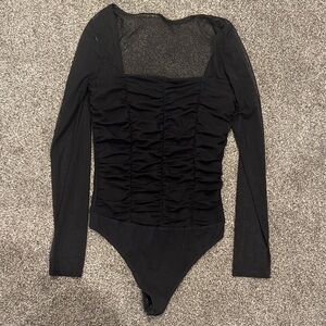 Black Long Sleeve Ruched Bodysuit with Mesh back & arms